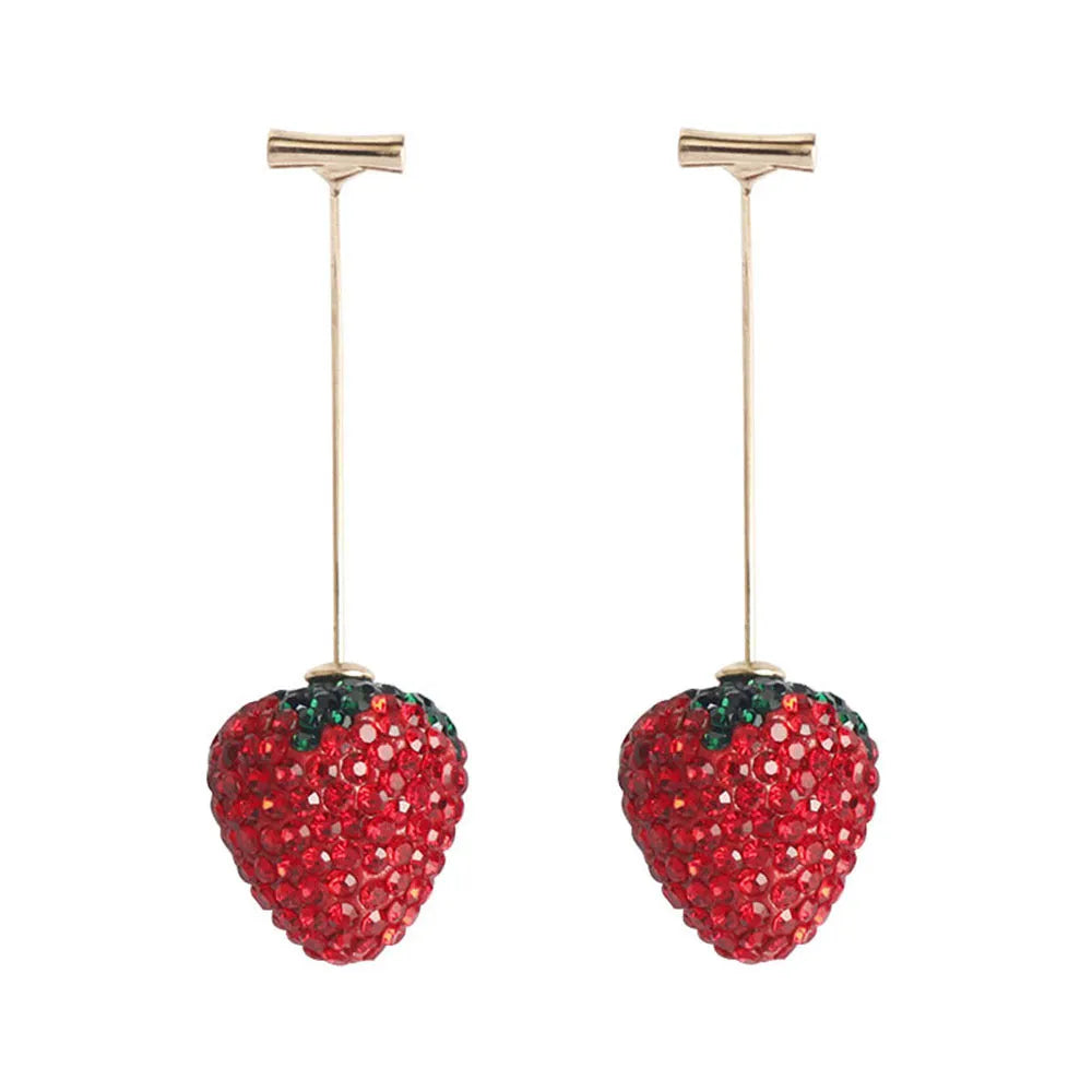 Red zinc alloy strawberry earrings with geometric spot drill design for women.