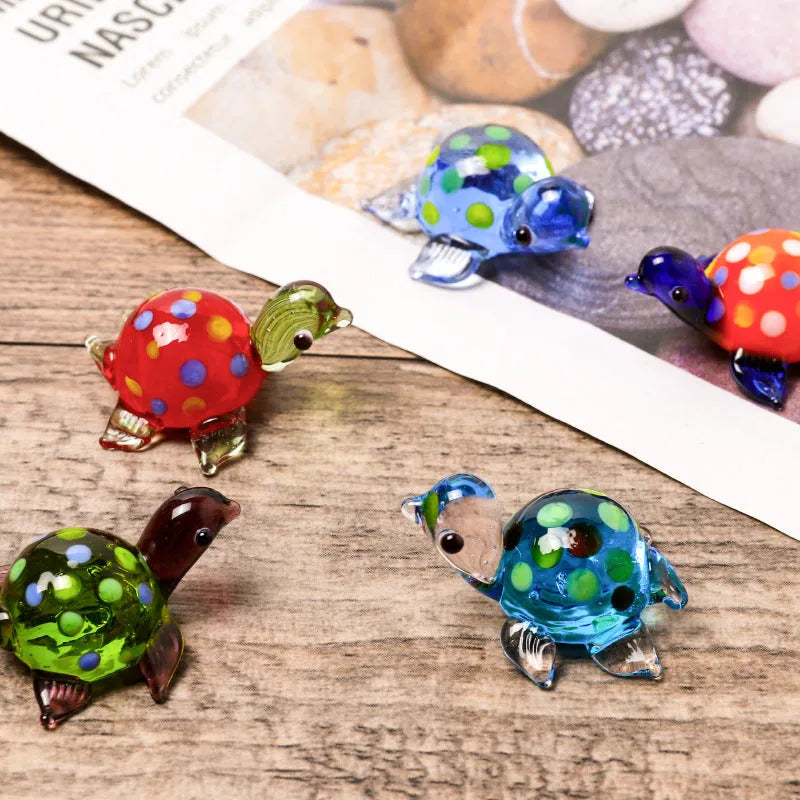 Glass turtle ornament with geometric modern design in six colour variations for desktop decoration
