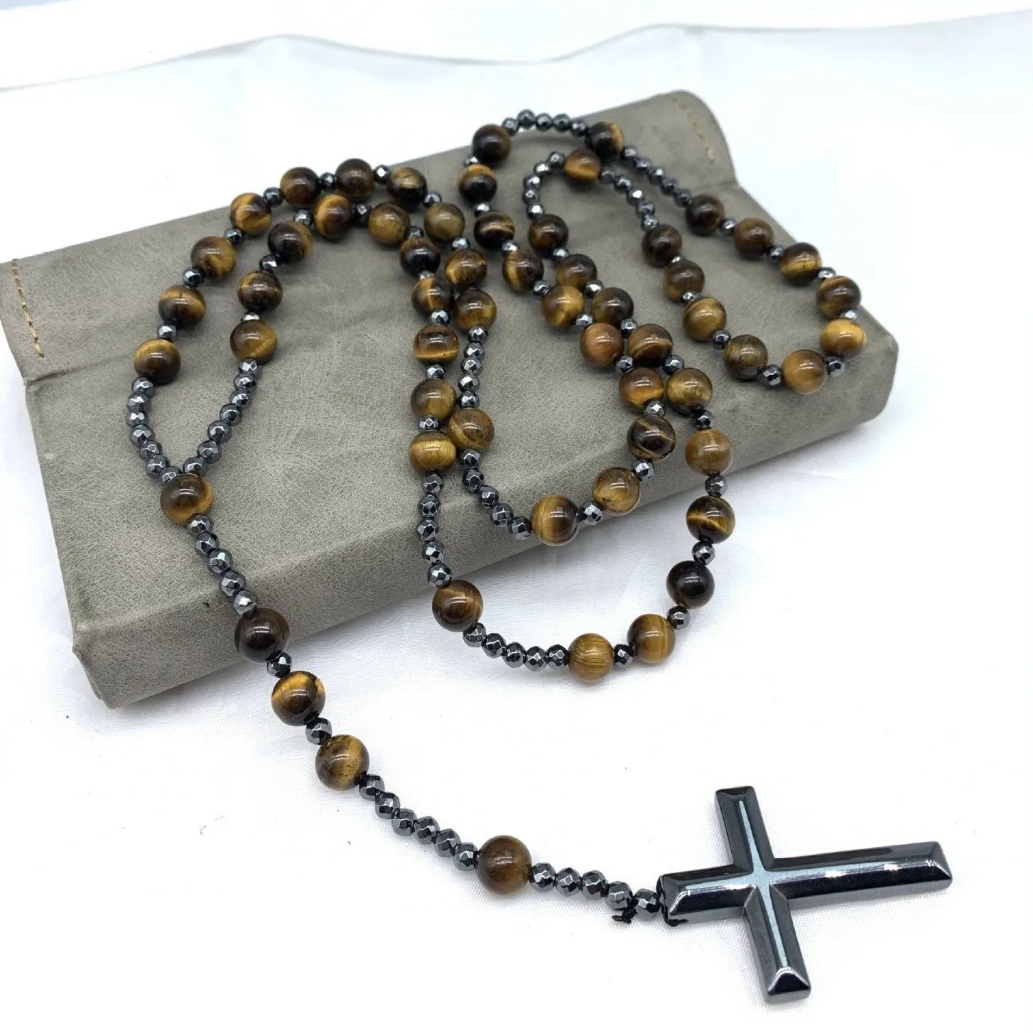 Men's stone cross pendant necklace with ball bead chain and safety lock fastening