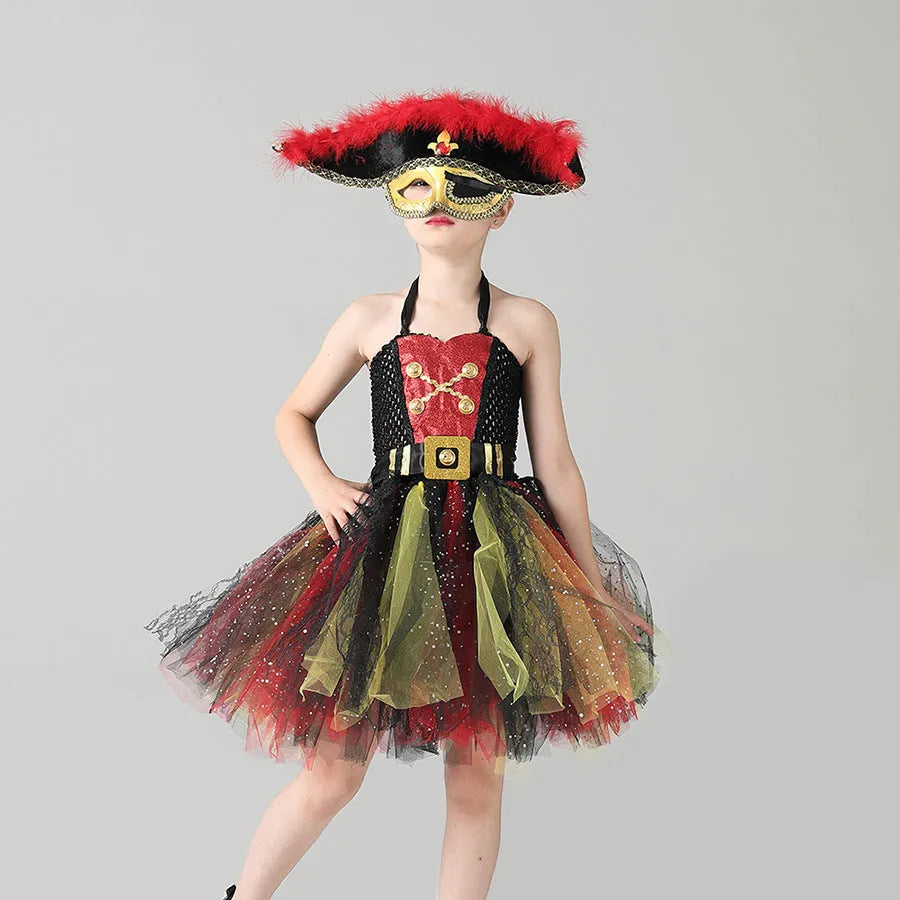 A sleeveless girls pirate dress costume with sequin and mesh decoration, shown with an optional black eye mask.