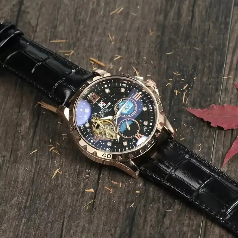 Men's automatic mechanical watch with hollow skeleton dial and rose gold shell casing