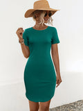Women's solid colour short sleeve dress with U-shaped split design in cotton blend fabric