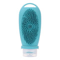 Silicone bath brush storage bottle in eight colour options on a bathroom shelf.