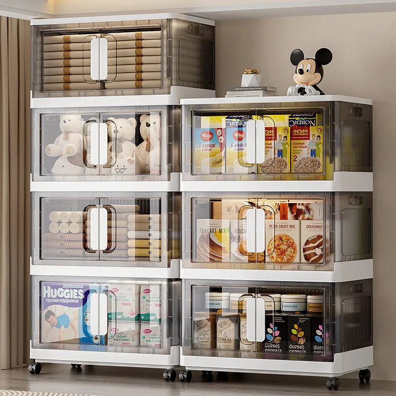 Foldable clothes storage locker with wheels in grey colour showing layered compartments for household organisation