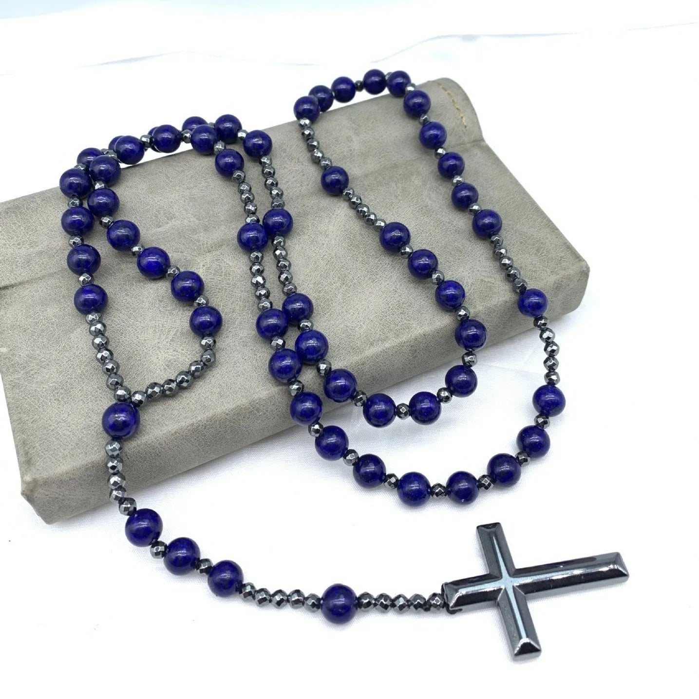 Men's stone cross pendant necklace with ball bead chain and safety lock fastening