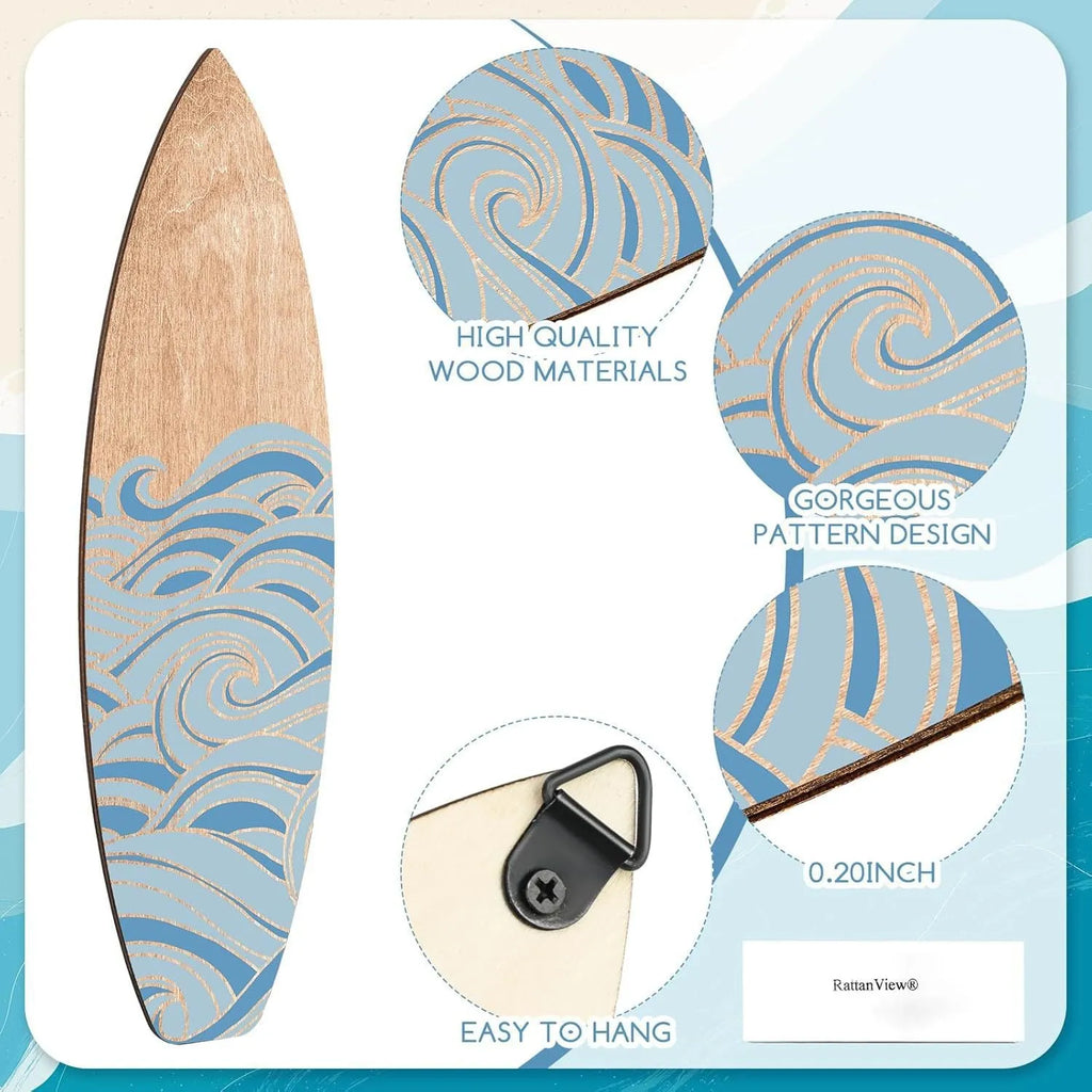 Three identical wooden surfboard-shaped wall decorations on a light background