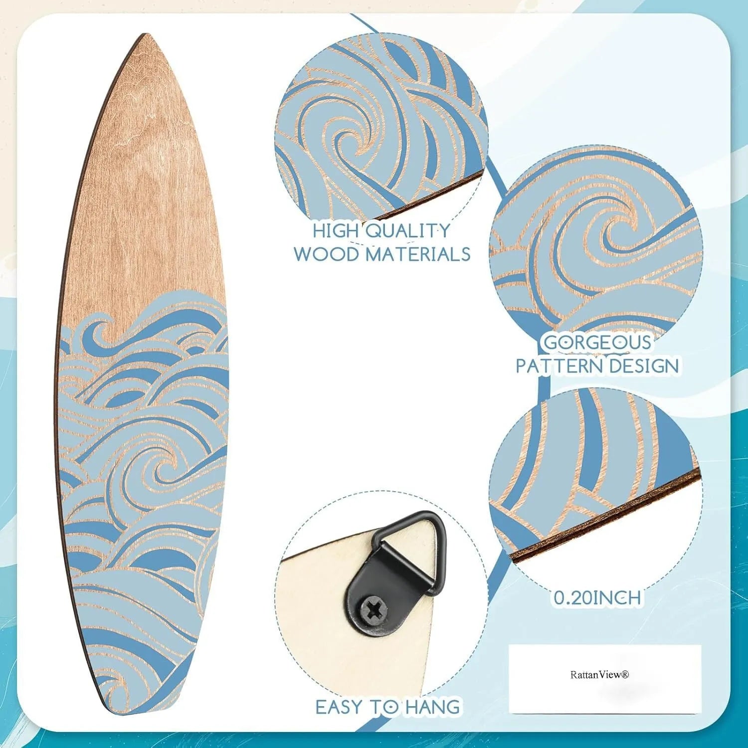 Three identical wooden surfboard-shaped wall decorations on a light background