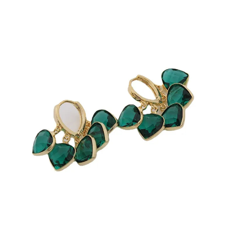 Korean style green heart pendant glass ear clip earrings with alloy inlay artificial gemstone
