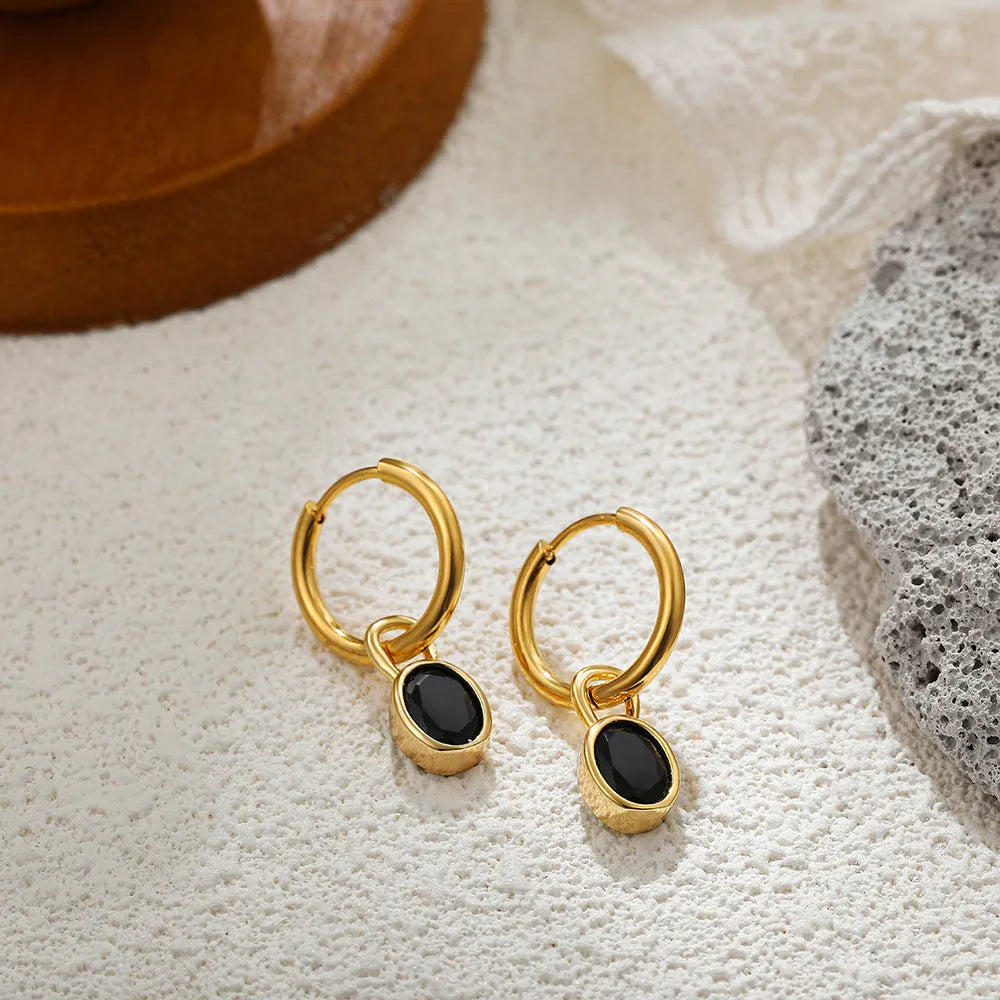 Women's copper retro oval zircon earrings in six colour options showing elliptical design