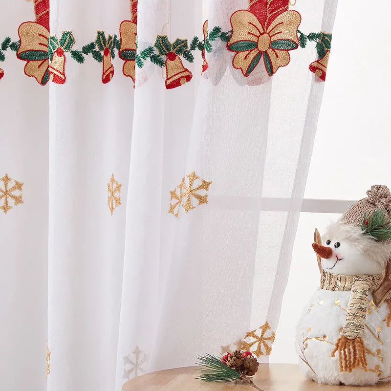 American style Christmas curtains with white snowflake embroidery on red background