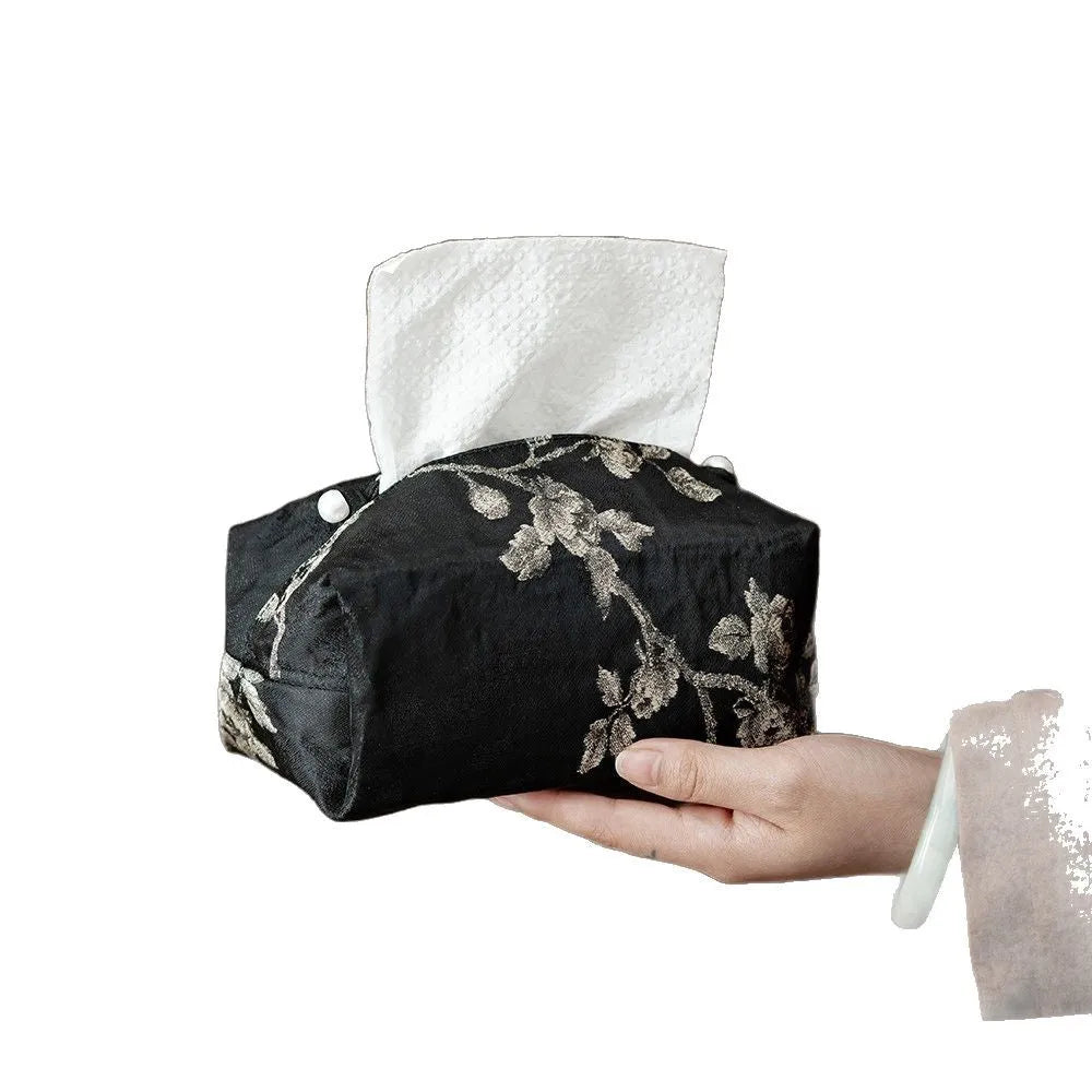 New Chinese style brocade fabric tissue box with embroidery white plum design and optional pearl buckle