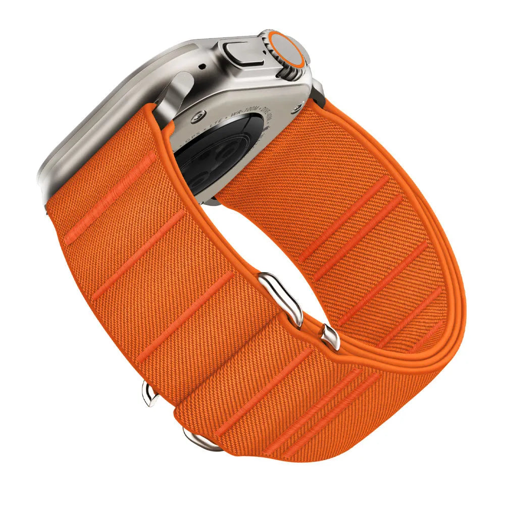 Elastic nylon Apple Watch band with stainless steel buckle shown in Army Green colour.