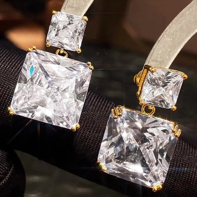 Copper geometric square design earrings with quadrilateral ornament in white gold or golden finish