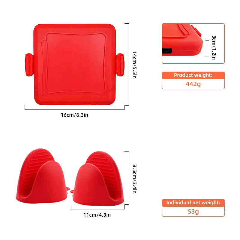 Red silicone baking tray shaped like a handbag with matching heat-resistant oven gloves
