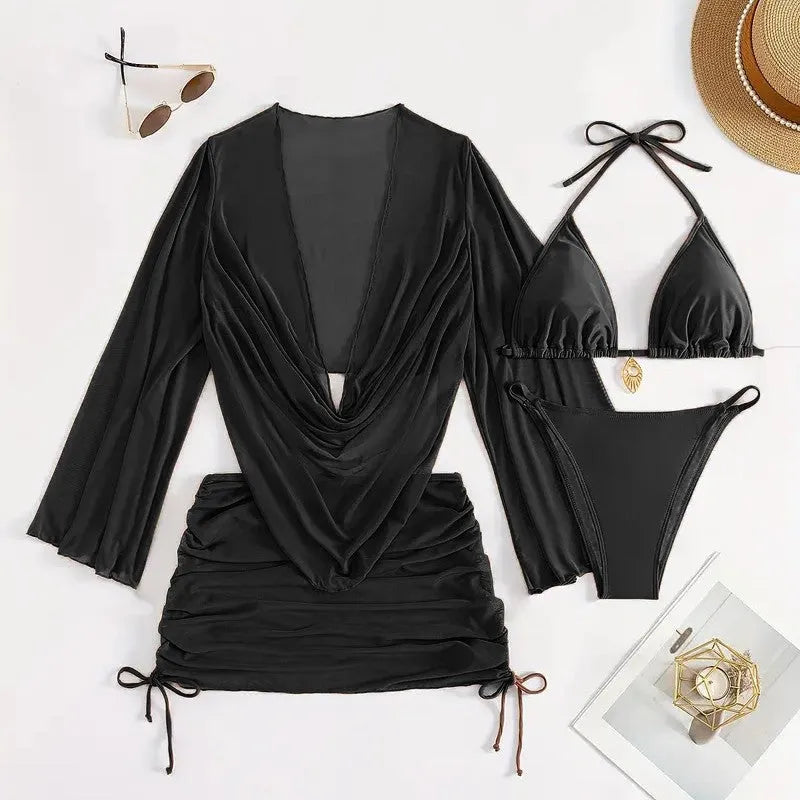 Women's black lace-up back two-piece swimsuit bikini set on mannequin