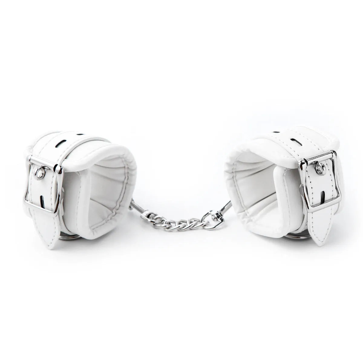 White PU sponge bondage restraint set showing handcuffs, footcuffs, and a neck collar.