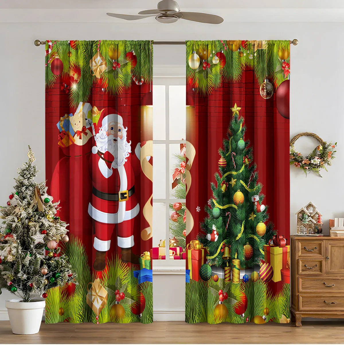 3D digitally printed Christmas curtains in polyester with festive patterns, showing high sunshade function