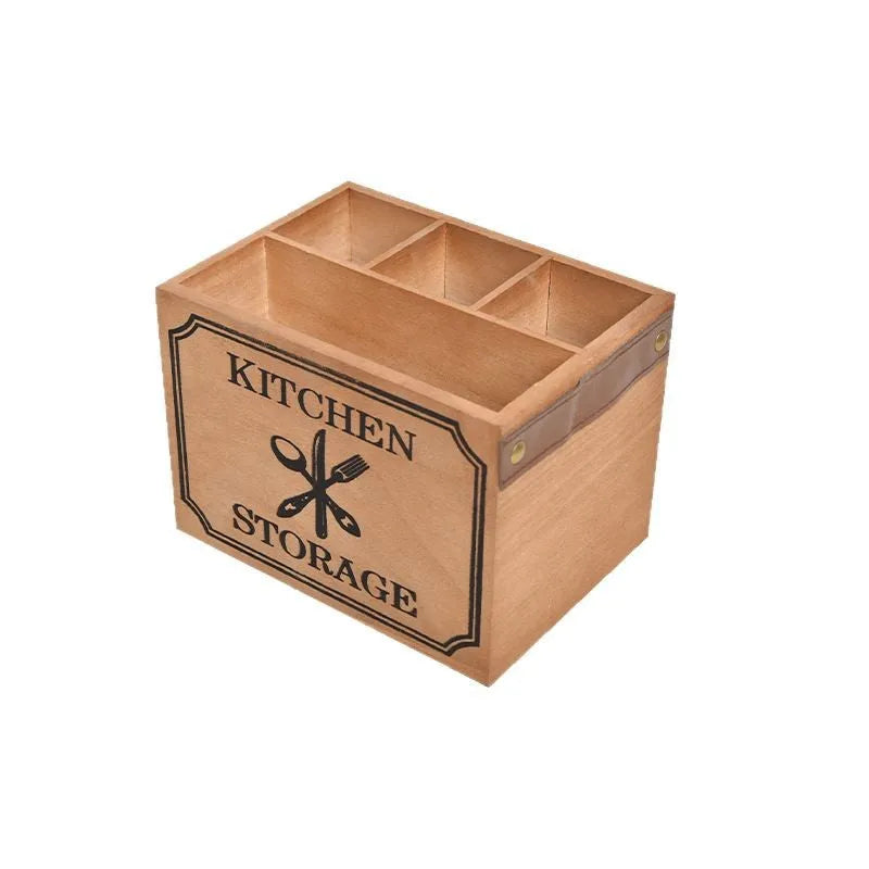 Wooden kitchen storage box for cutlery and chopsticks with divider grids