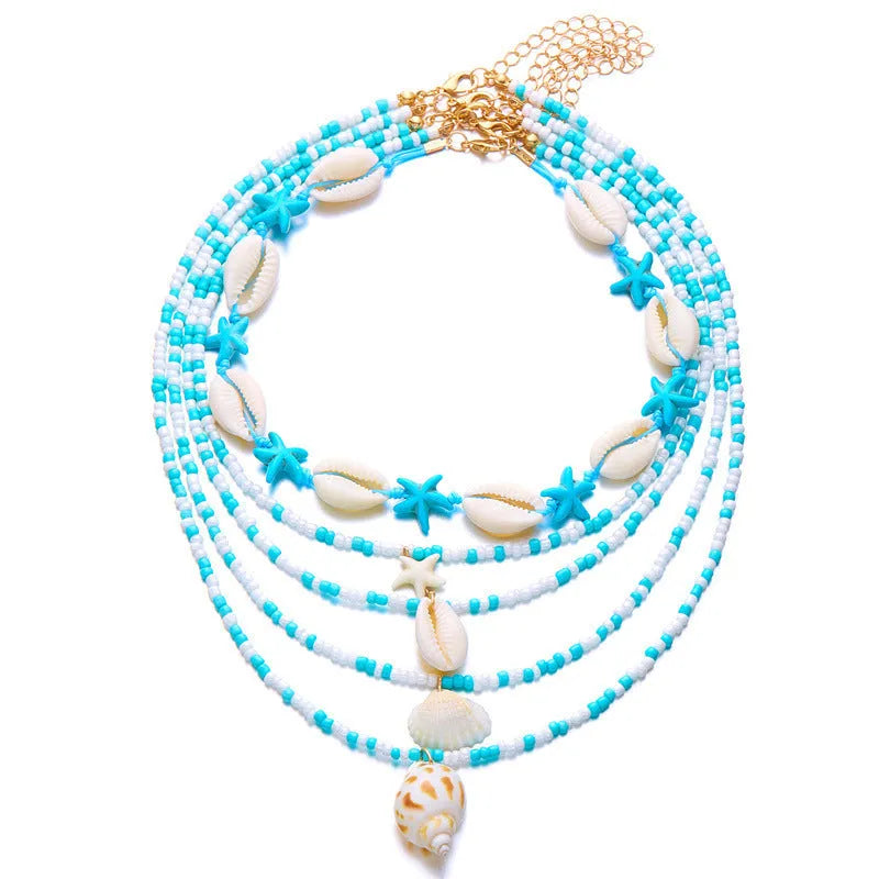 Five multi-layer shell bead necklaces with adjustable chains in blue and mixed colours