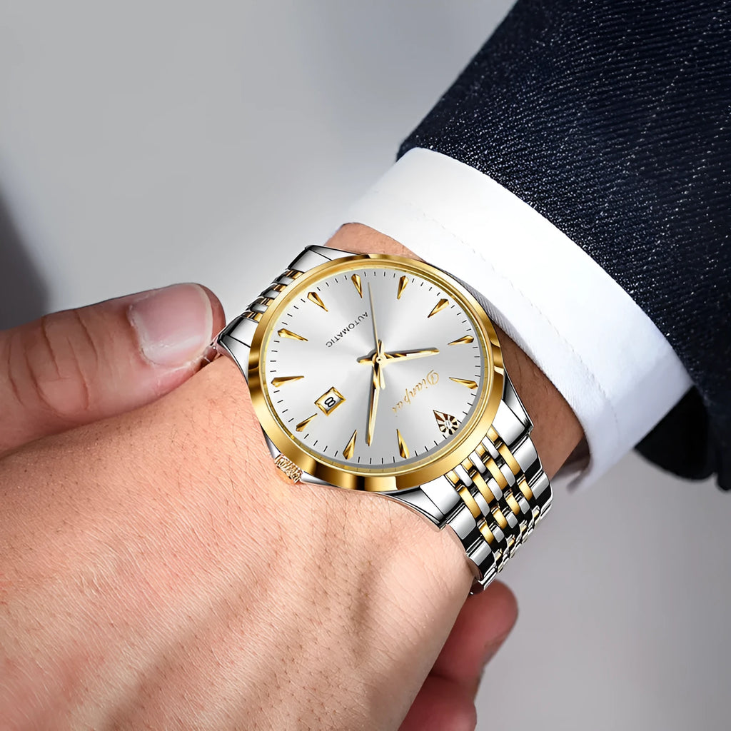 Men's simple dial automatic mechanical watch with stainless steel strap in golden black finish.