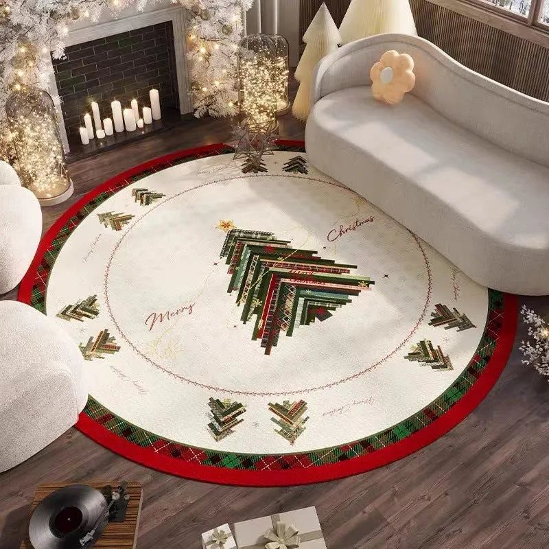 Round red Christmas festive carpet with non-slip backing on living room floor