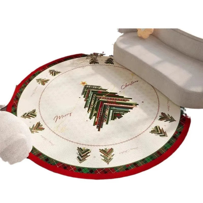 Round red Christmas festive carpet with non-slip backing on living room floor