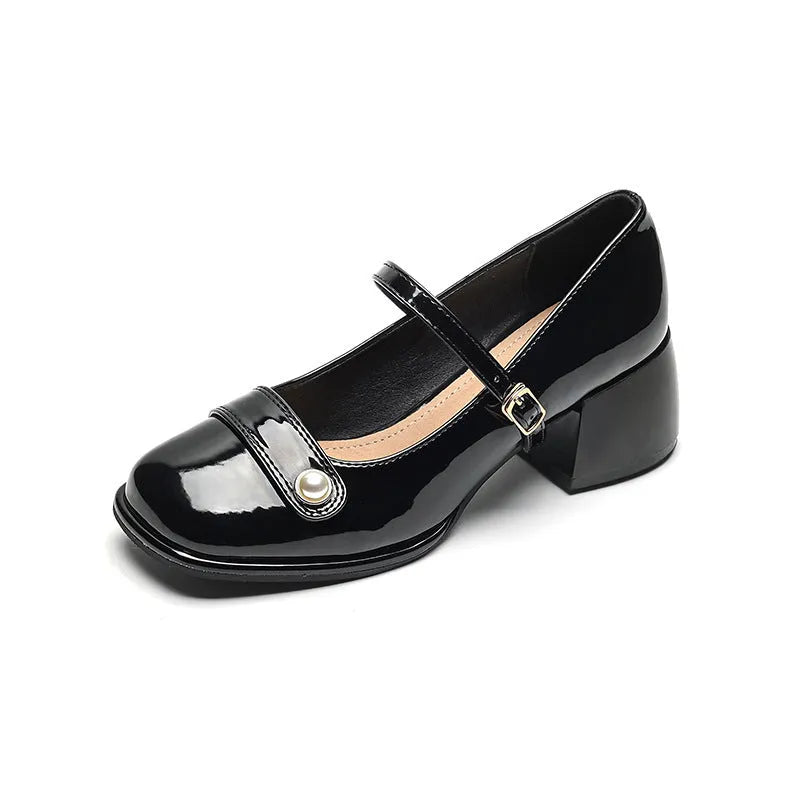 Plus size square toe ankle boots with chunky heel and buckle in patent leather
