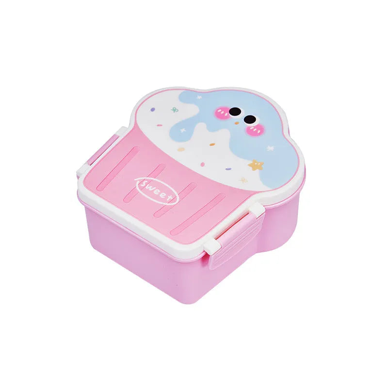 Creative cartoon-style ice cream shaped plastic lunch box with spoon and fork set in pink or blue.