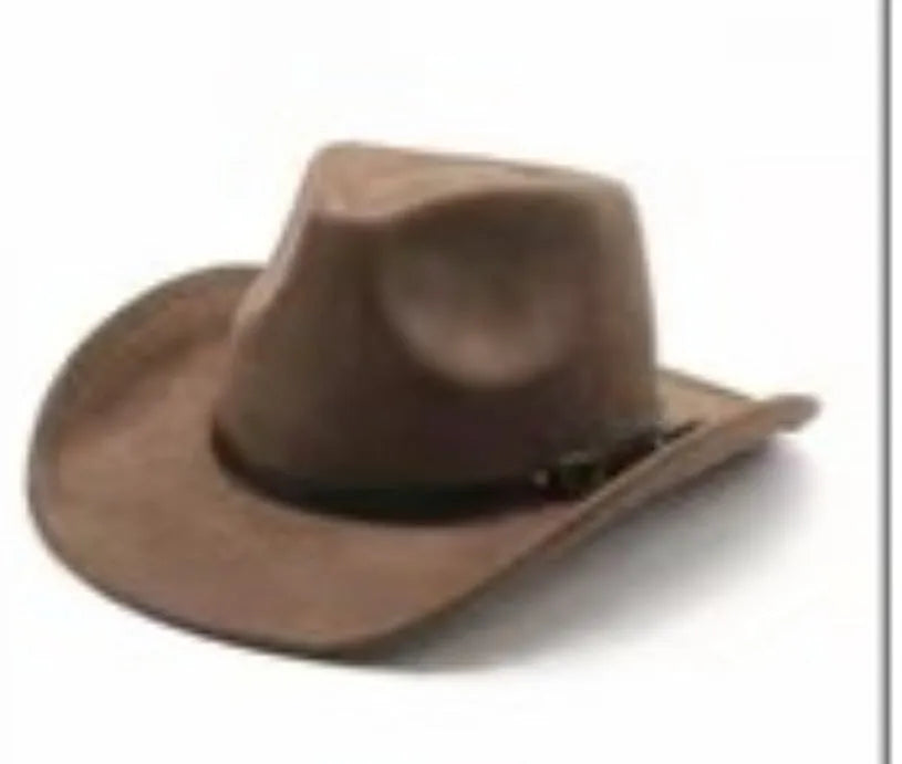 Brown leather velvet Western cowboy hat with a curved edge brim and conical crown.