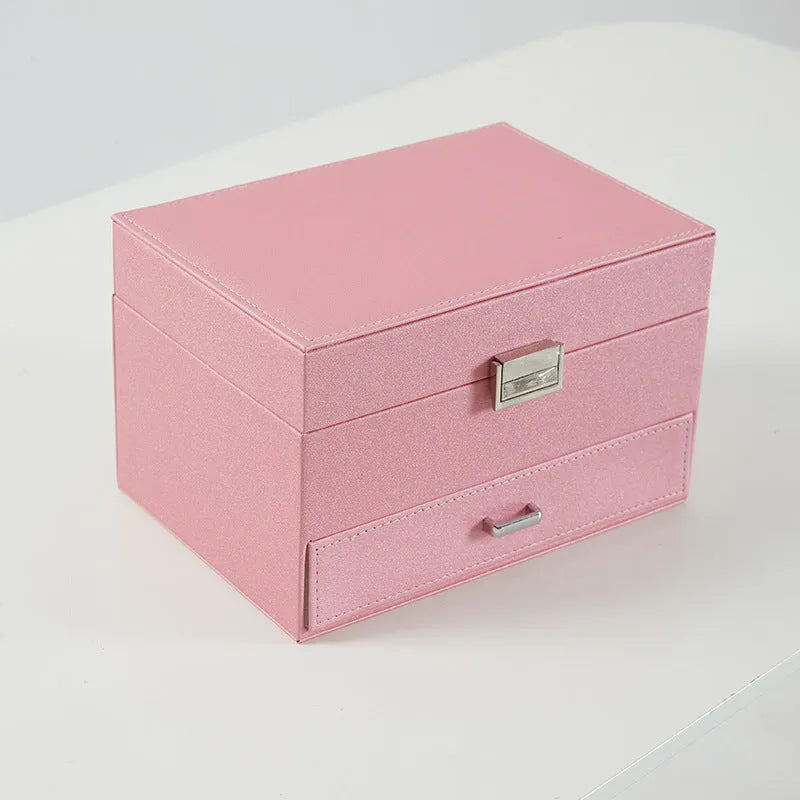 Hard-shell PU leather jewelry storage box in beige, black, pink, or rose gold.
