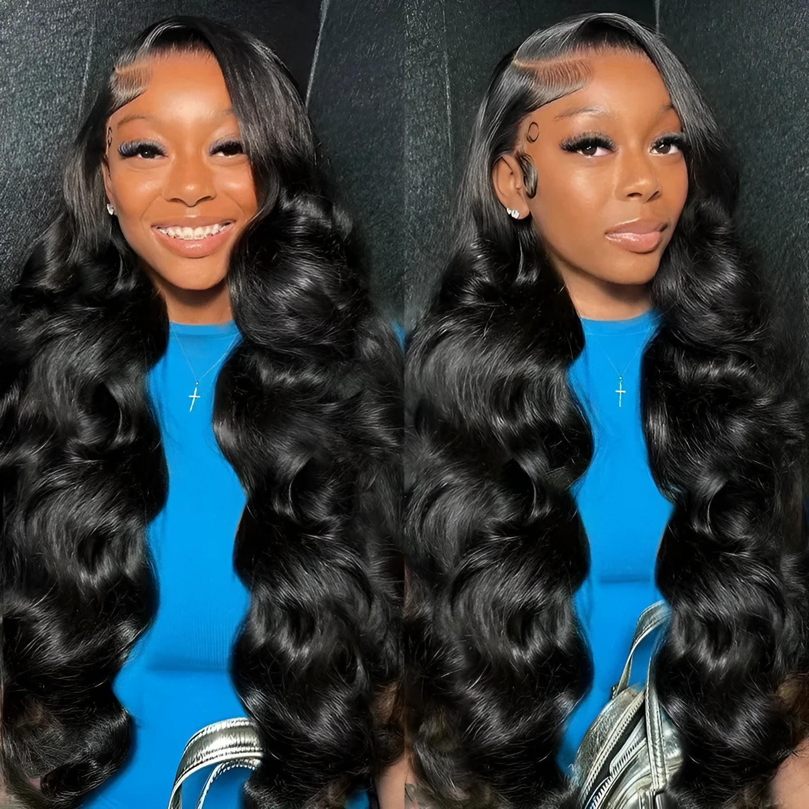 Black big wave ladies wig with lace front in chemical fibre material on display