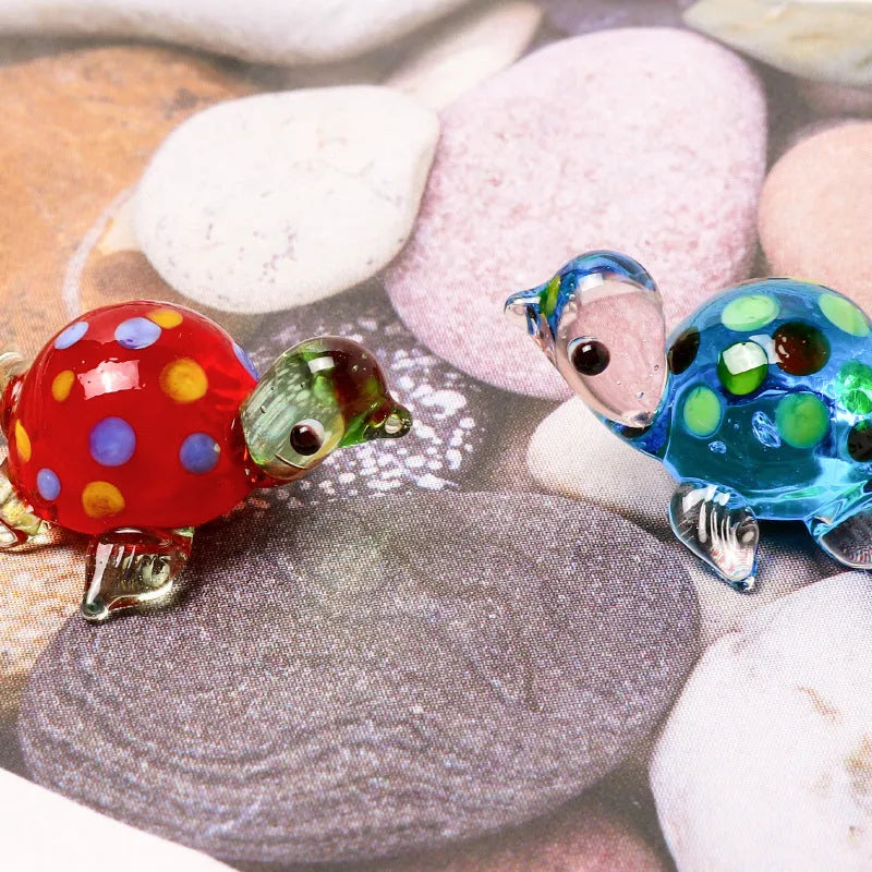 Glass turtle ornament with geometric modern design in six colour variations for desktop decoration