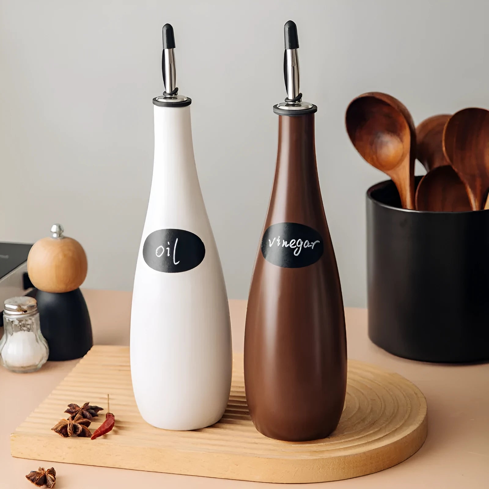 Ceramic oil pot with conical funnel in black, white or coffee colour options
