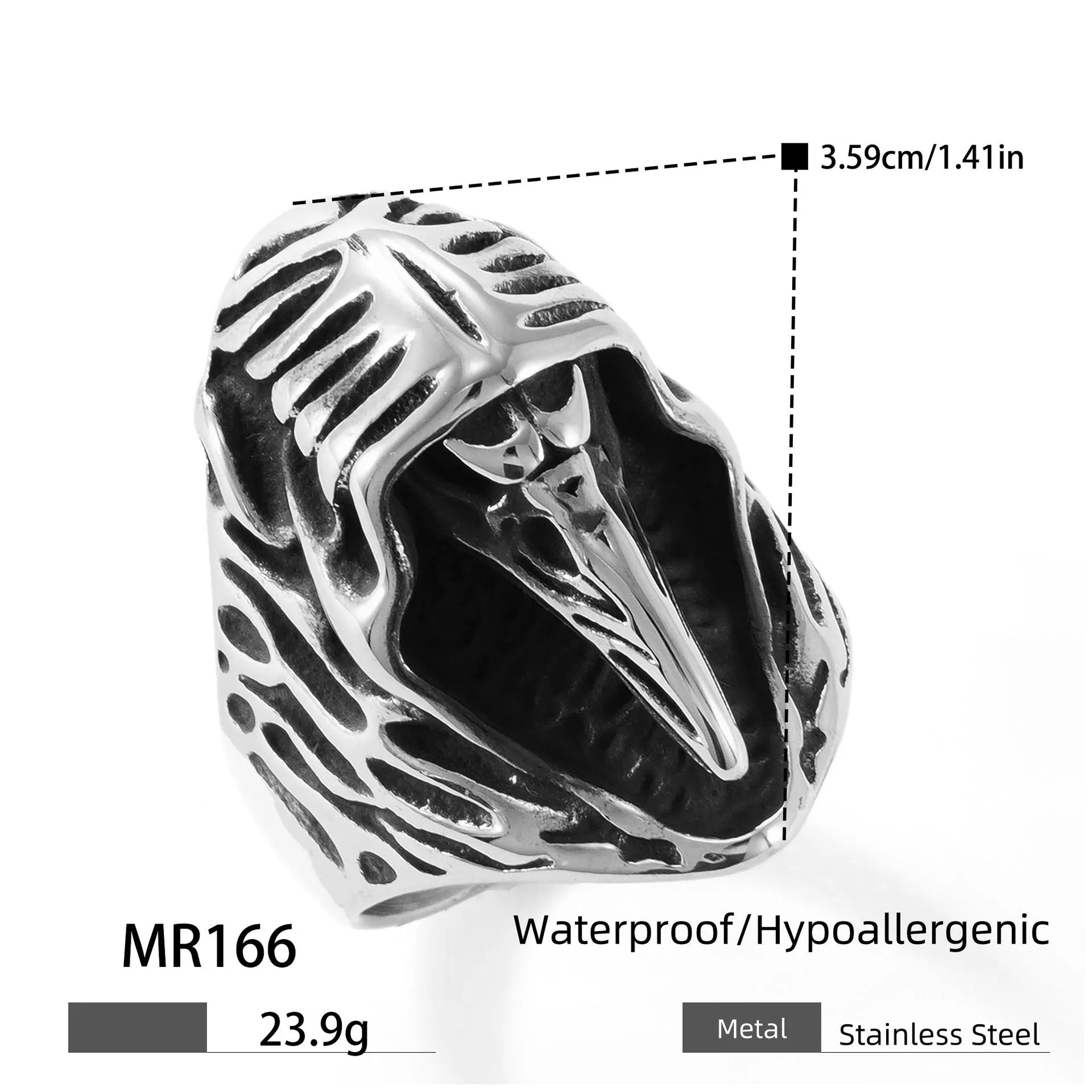 Geometric titanium steel crow ring in punk style on a grey background.