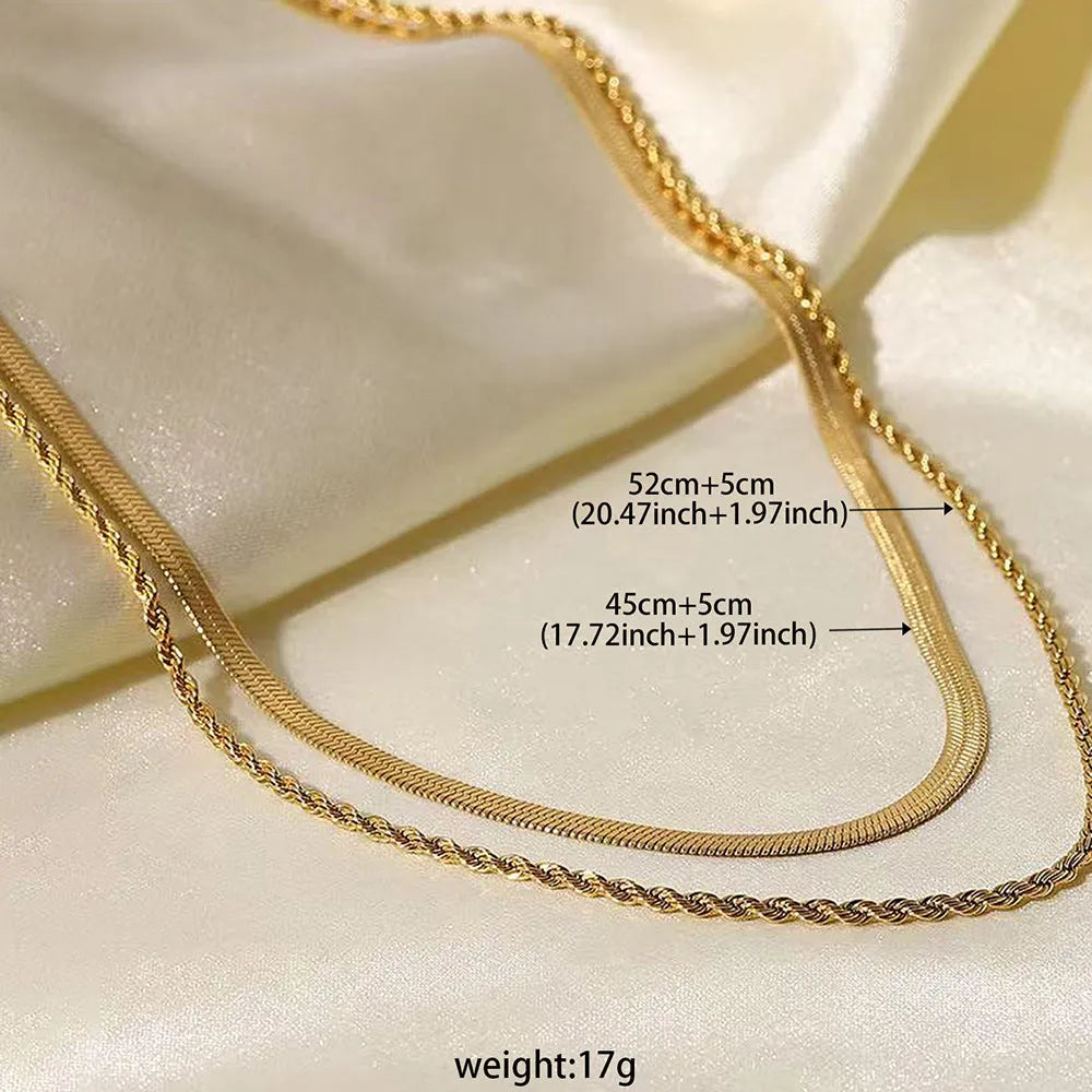Women's retro geometric necklace with double-layer twist design and snake bones chain, adjustable 21-50cm length