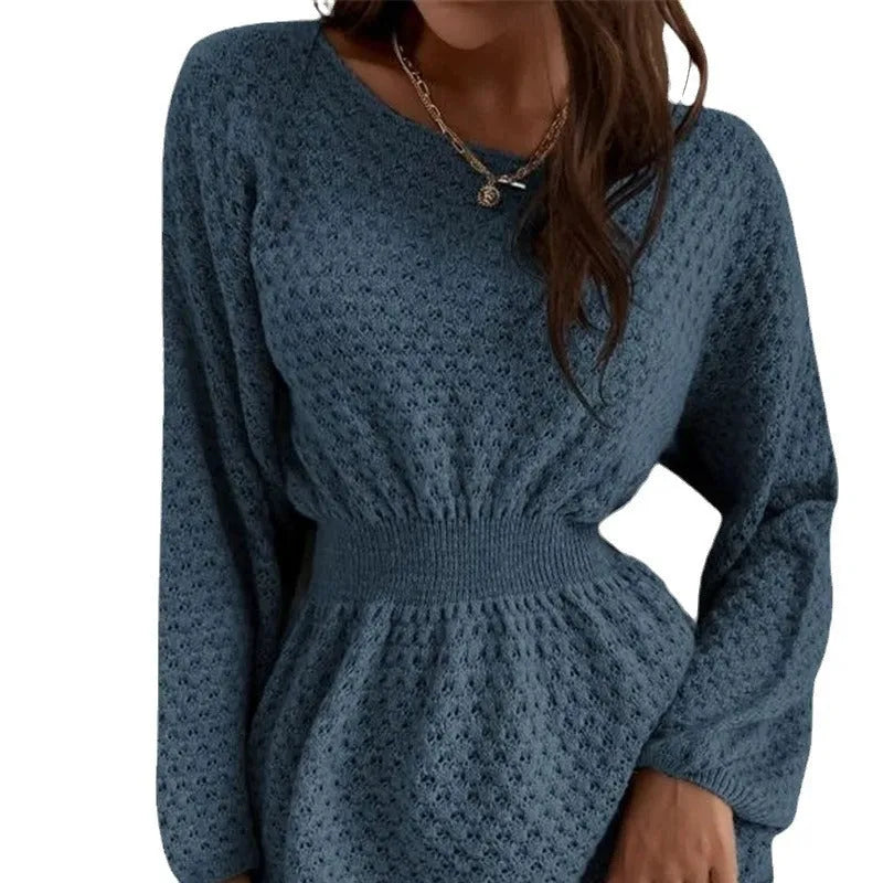 Blue knitted dress with hand-crocheted flowers, French loose neckline and fitted waist