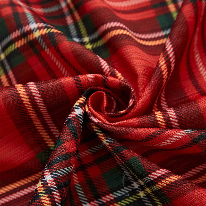 Printed polyester Christmas curtain with red plaid design showing semi-sunshade light filtering
