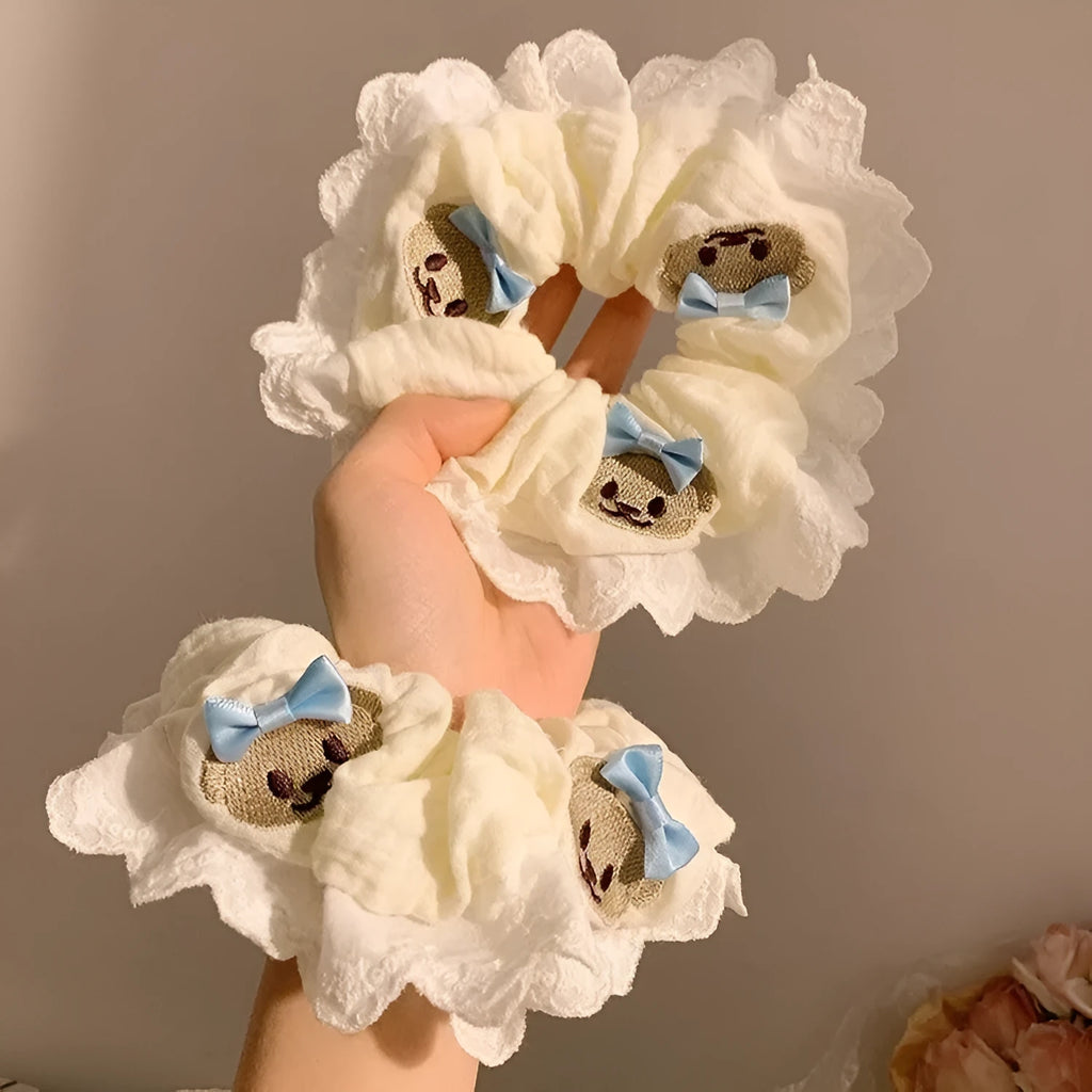 Blue cloth hair ring with bear bow decoration and large intestine wrapped design
