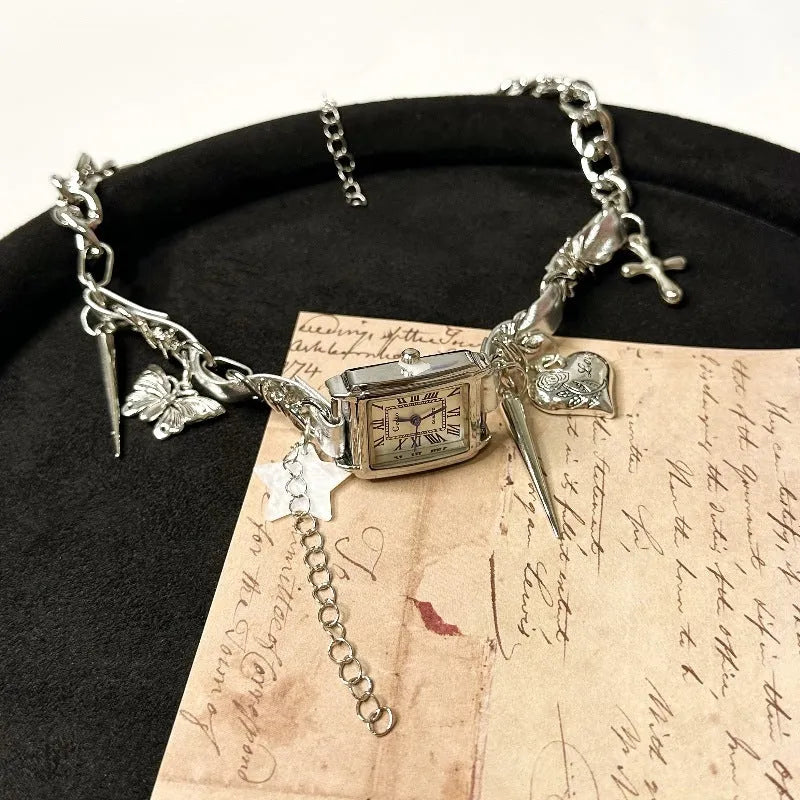 Dark style women's twin-layer necklace with cross pendant on adjustable 41cm–50cm alloy chain