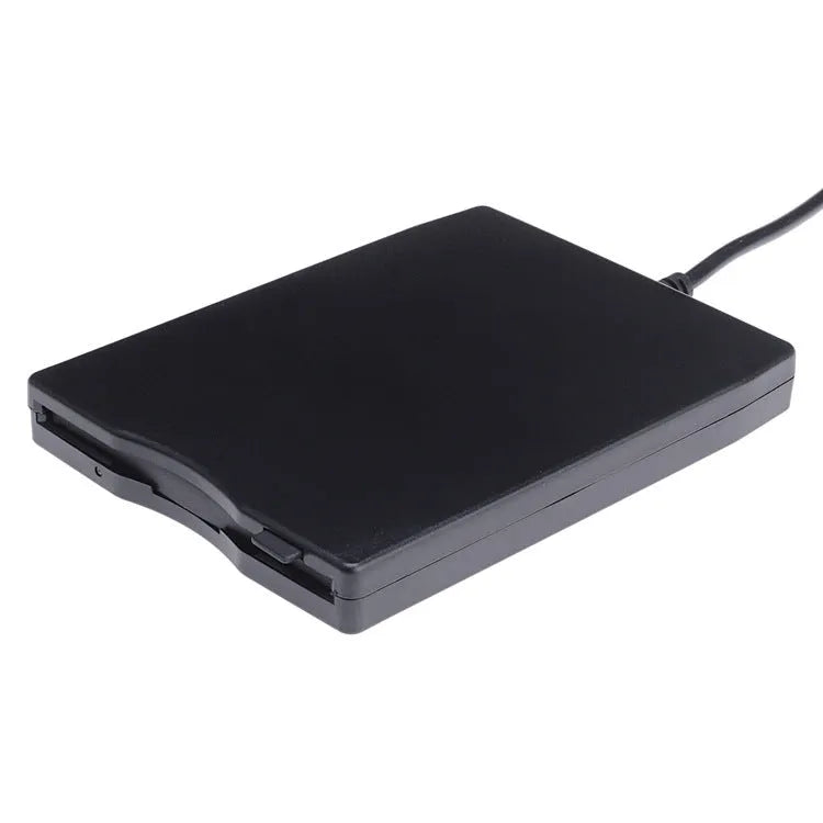External USB 3.5-inch floppy disk drive in black colour with front slot and rear USB connector
