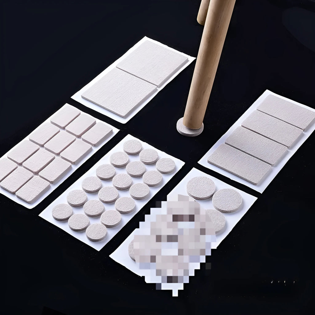 Beige plastic furniture protection pads in round and square shapes showing five different size options