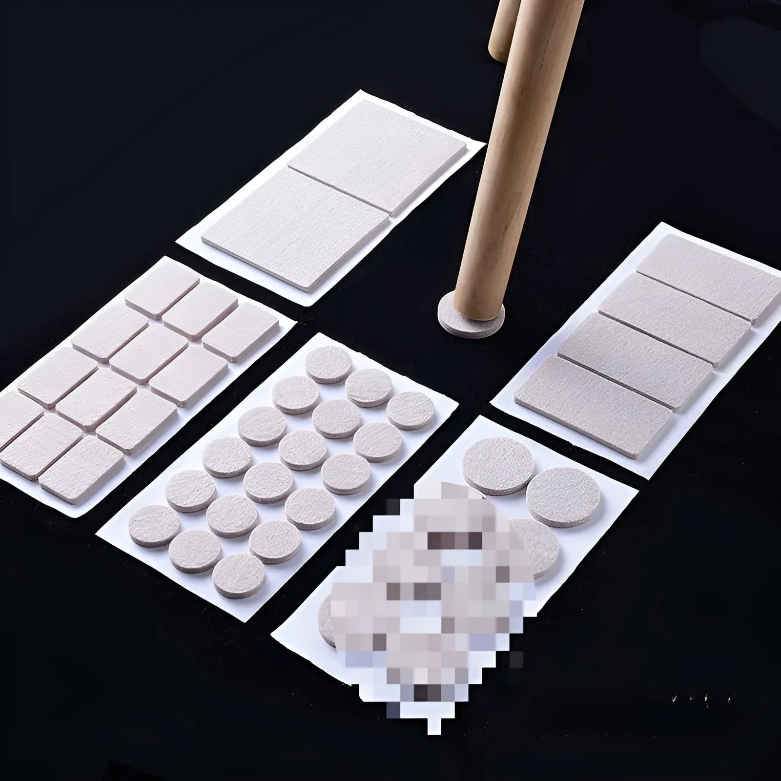 Beige plastic furniture protection pads in round and square shapes showing five different size options
