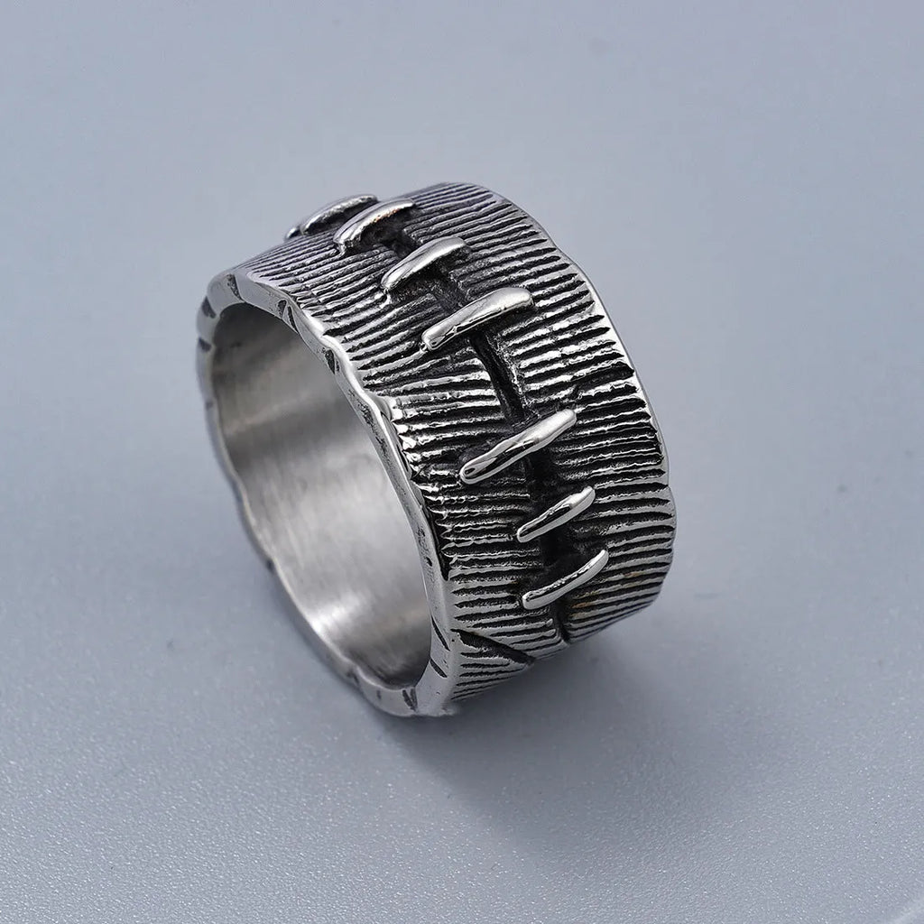 Geometric dark punk titanium steel ring with a double ring design in a retro colour finish.
