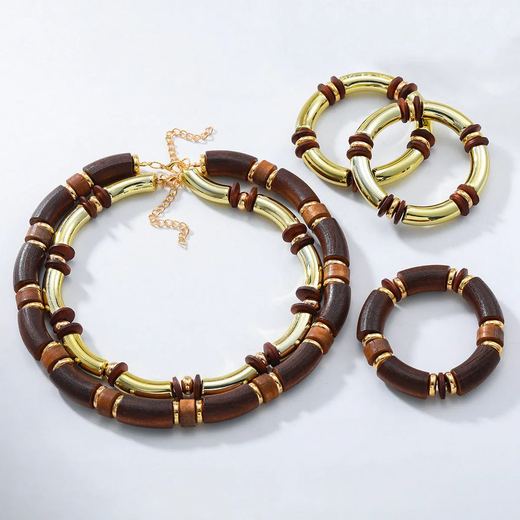 Women's multi-layer wooden necklace and bracelet set with alloy pendants and regular chain