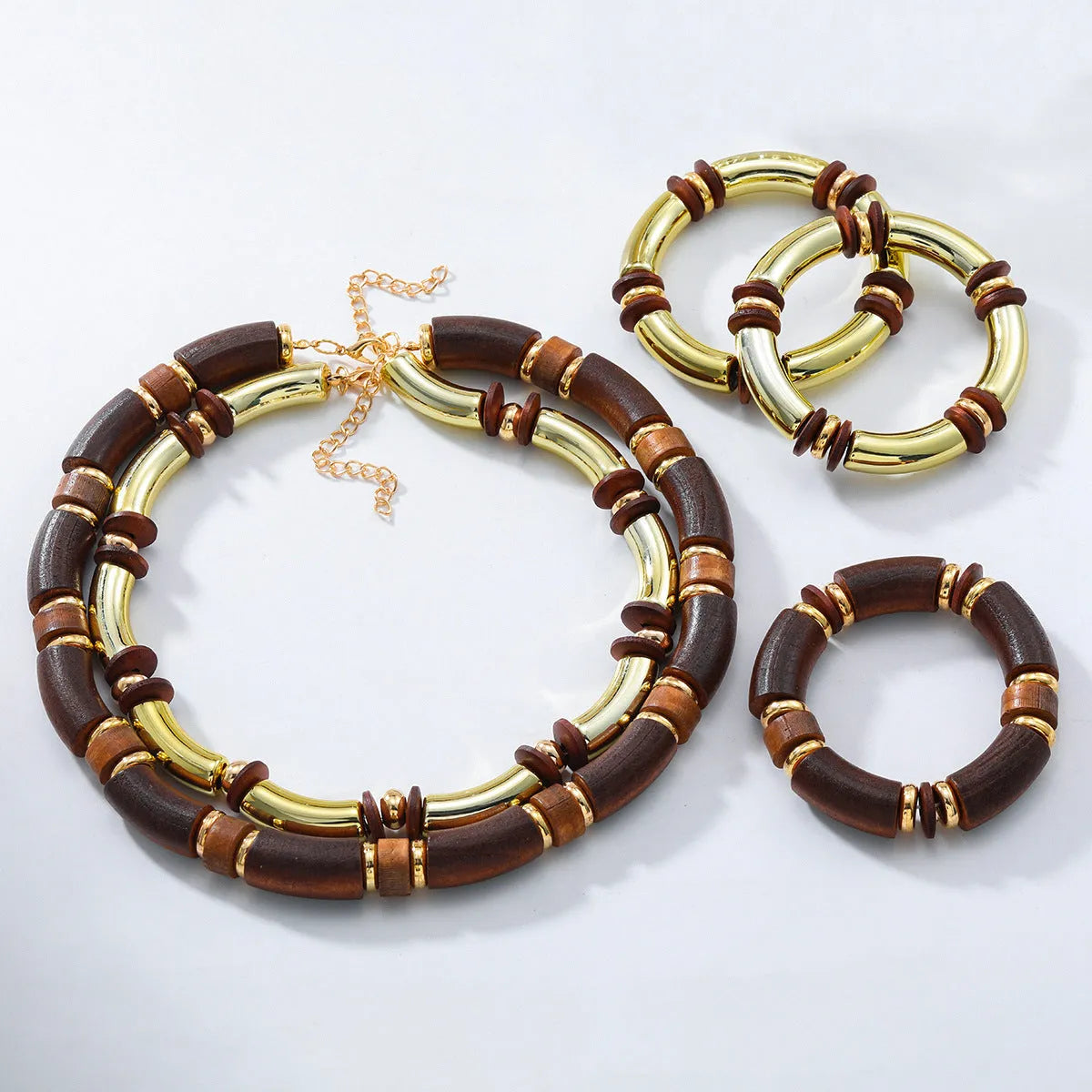 Women's multi-layer wooden necklace and bracelet set with alloy pendants and regular chain
