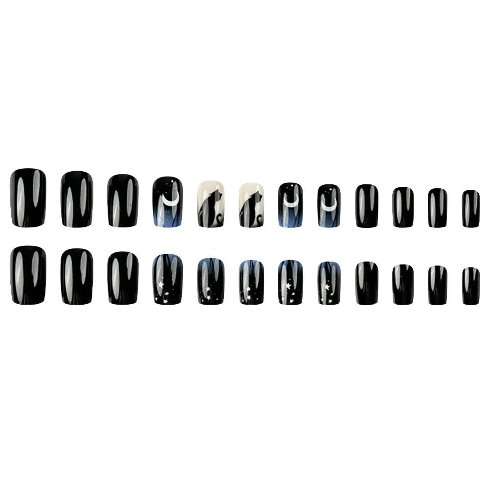 Cat Moon fake nails removable armour medium European square CW405 with black jelly glue
