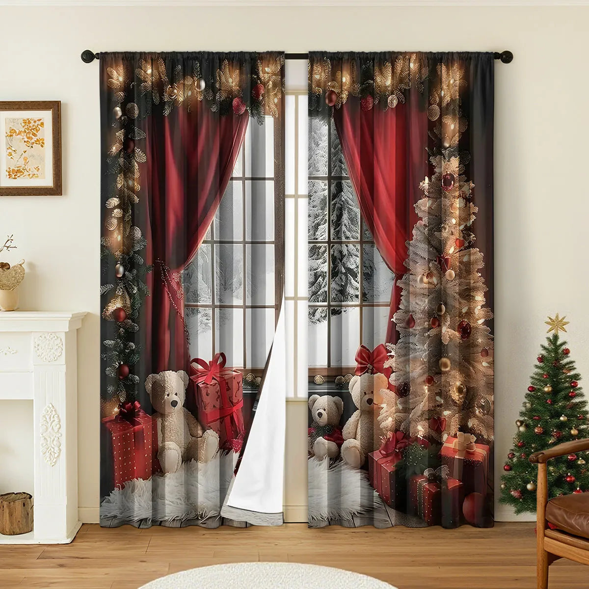 Pair of 3D digital printed Christmas curtains in polyester with European festive patterns hanging at window