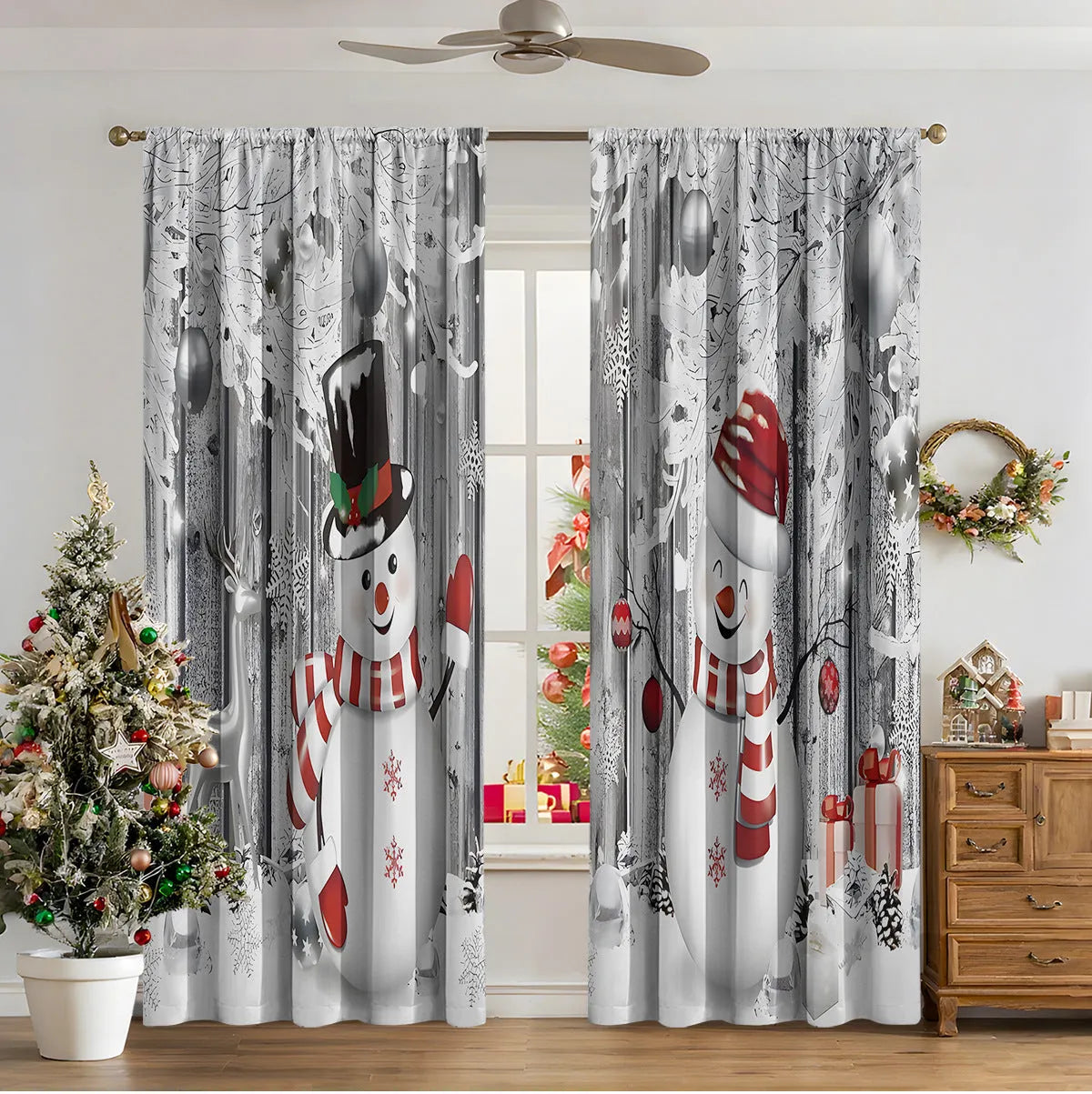 3D digitally printed Christmas curtains in polyester with festive patterns, showing high sunshade function