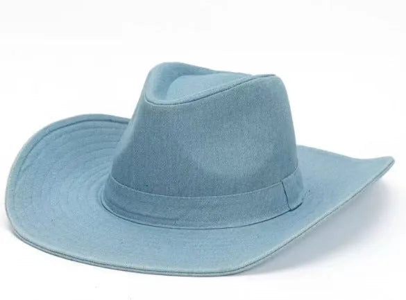 Brown leather velvet Western cowboy hat with a curved edge brim and conical crown.