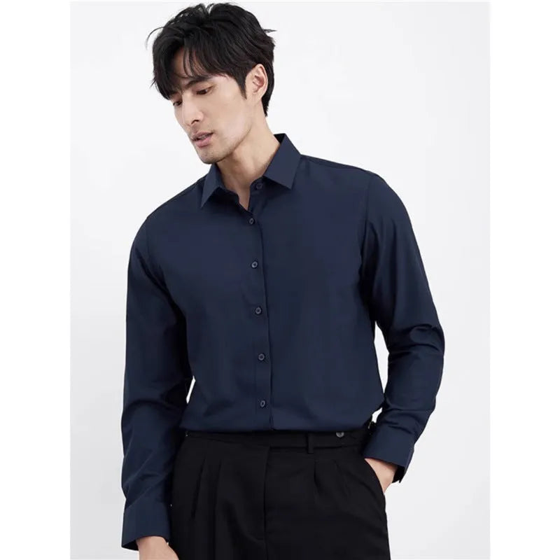 Wine red men's slim fit long sleeve casual shirt on a hanger.